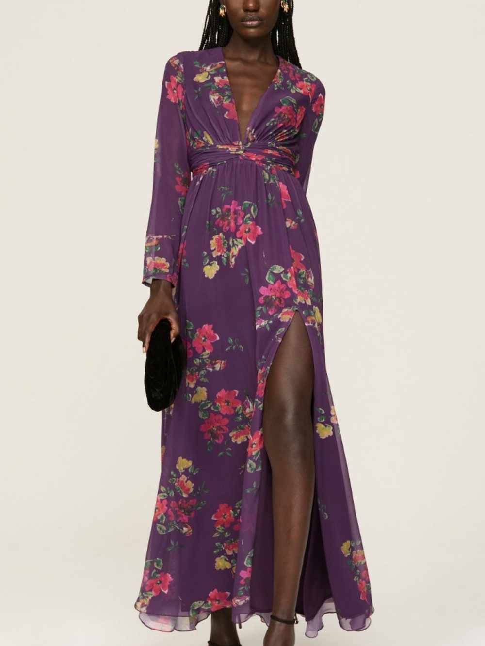 Ieena for Mac Duggal Front Twist Purple Floral Long Sleeve Gown Maxi Dress Sz 0